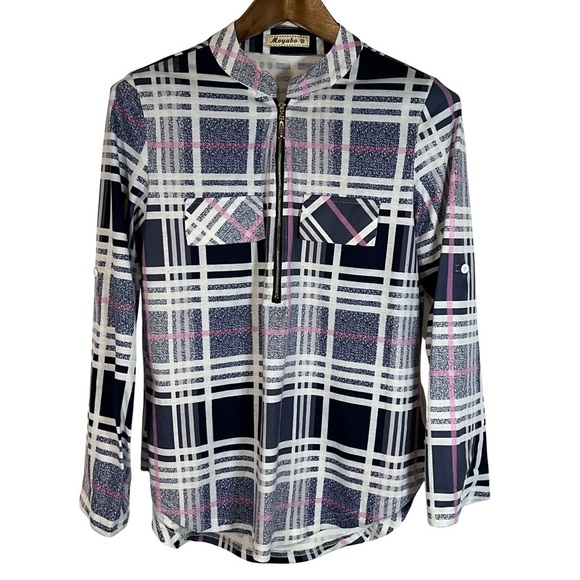 Moyabo Tops - Moyabo Blouse Size M Navy and Pink Plaid Front Zip Button tab Sleeves